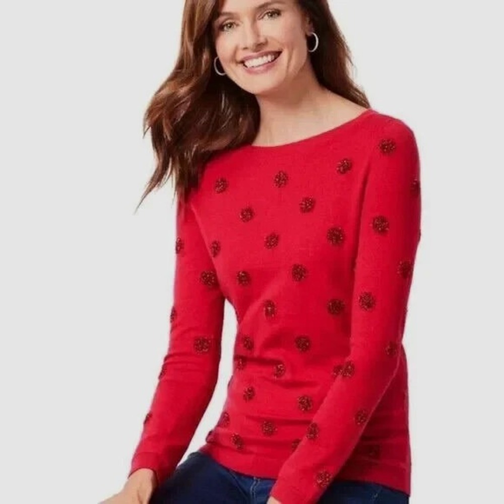TALBOTS Red Tinsel Dot Bateau-Neck Sweater sz LG Holiday Christmas festive‎